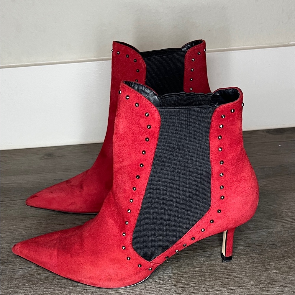 Zara Red Studded Suede Pointed-Toe Ankle Boots Size 39